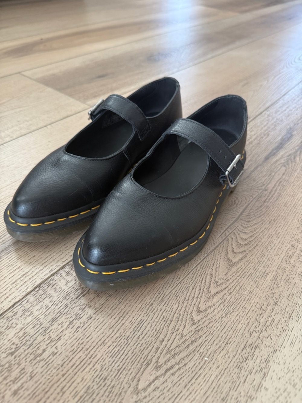 Dr. Martens Black Leather Mary Jane Elphie Flats with Yellow Welt